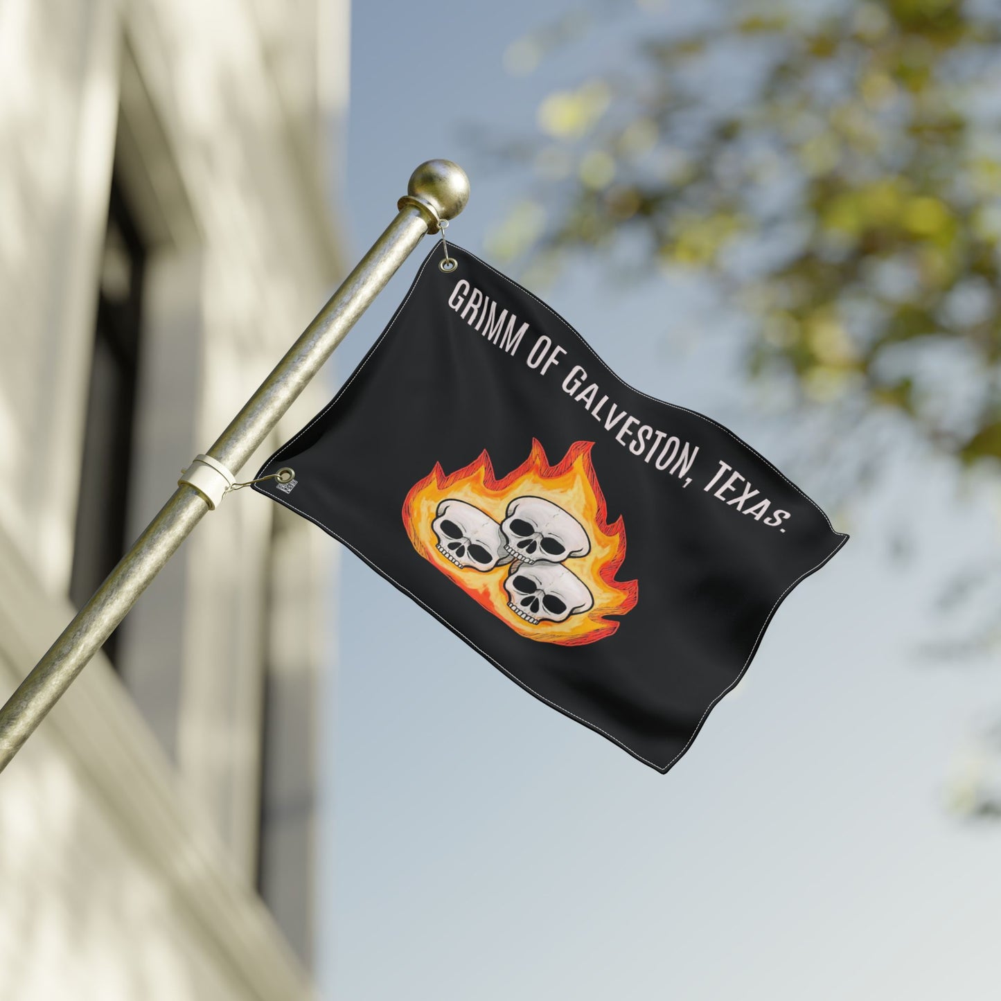 Double-Sided Flag — Grimm of Galveston Skull Flame Band Flag