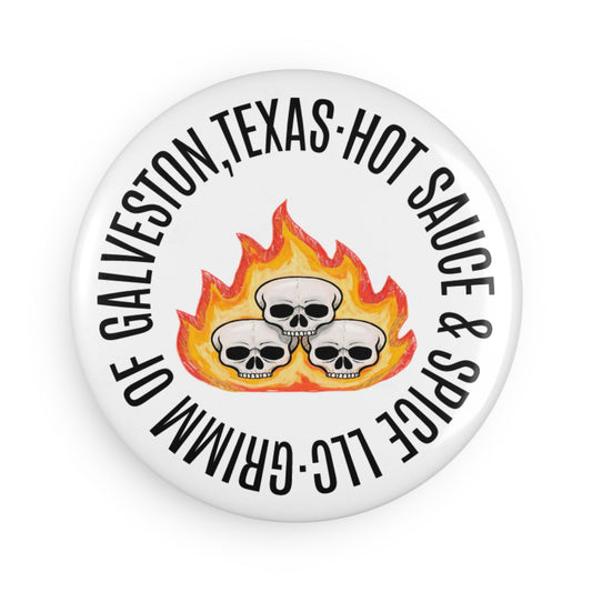 Hot Sauce & Spice Co. Round Magnet — 'Grimm of Galveston, Texas' Skull Flame Design