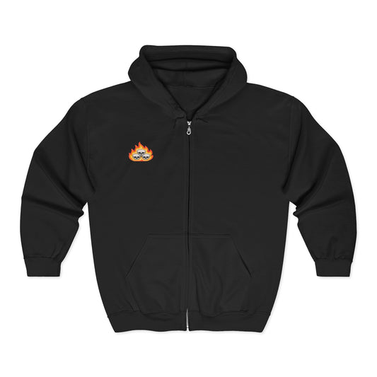 Grimm Hot Sauce Zip Hoodie — Small Flame Skull Logo Full-Zip Sweatshirt