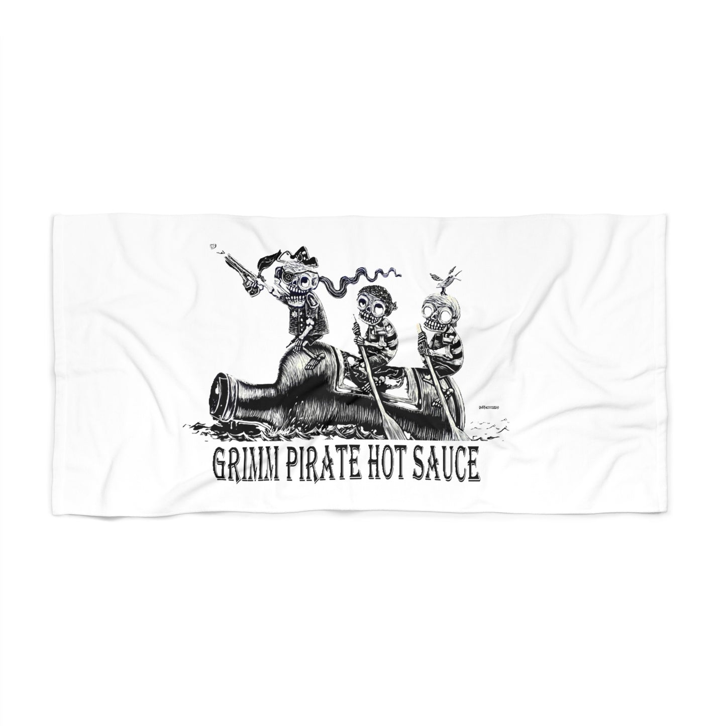 Pirate Skeleton Crew Beach Towel — 'Grillin' Pirate Hot Sauce' Skull Design