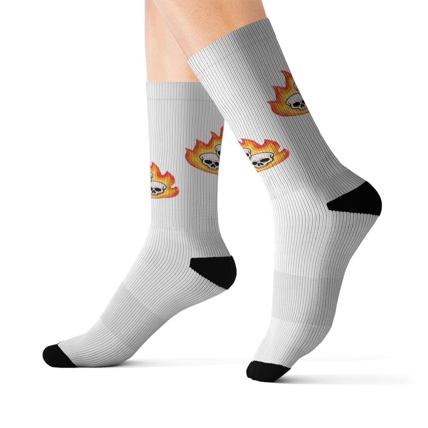 Flaming Skull Sublimation Socks – Novelty Crew Socks with Fire Emoji Skull Design